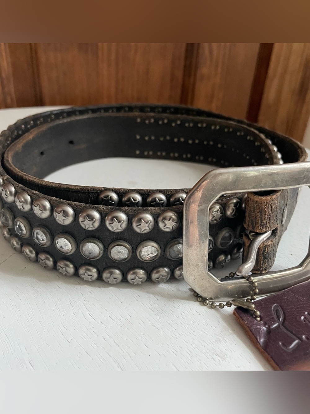 NEW VTG Y2K Distressed Black Brown Embossed Star Studded Crystal Leather Belt 34